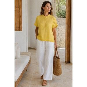 NWT Amelline 100% Linen Blouse XL Yellow Dolman Sleeve Hidden Placket Top